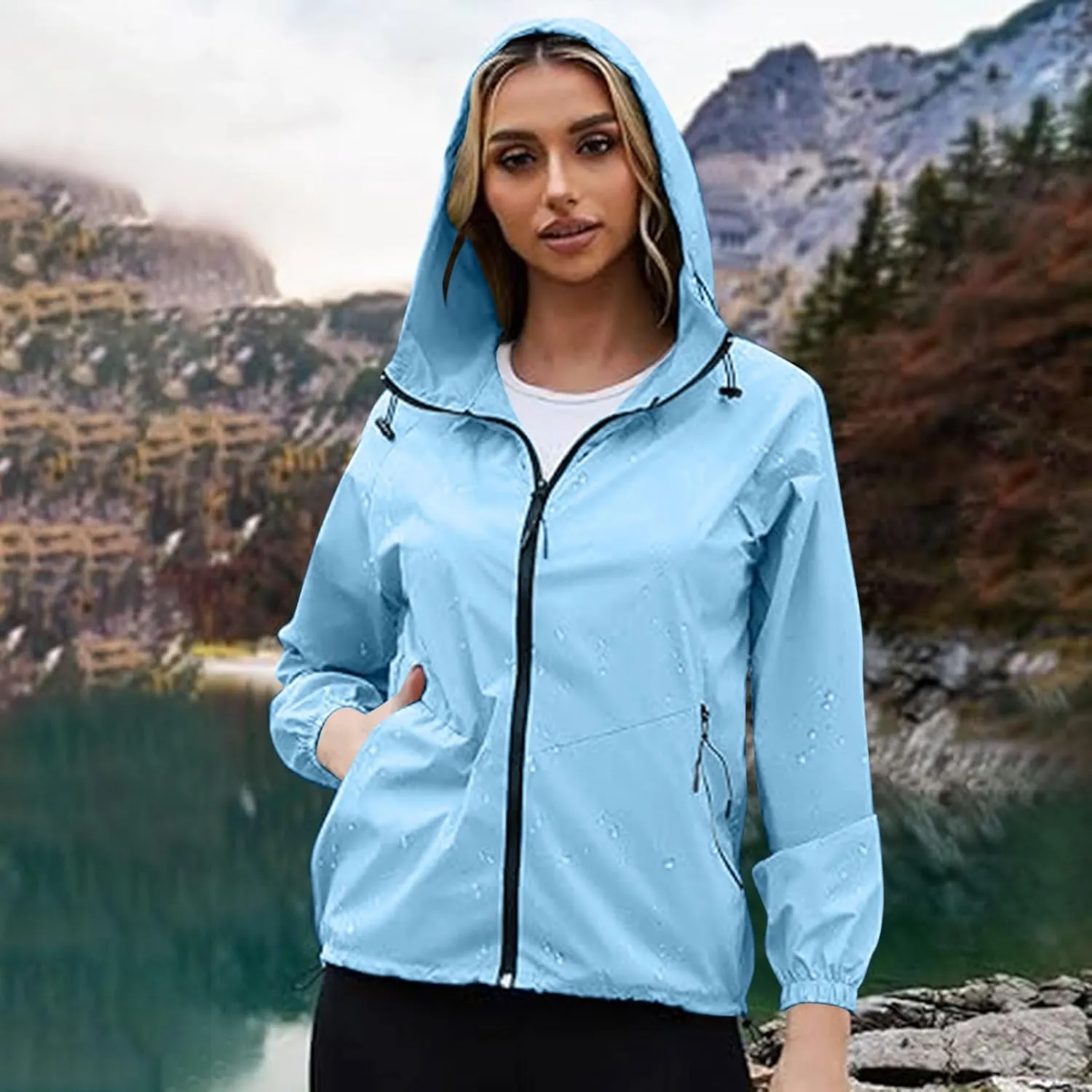 Sinzelimin Women Rain Jacket Lightweight Zip up Long Sleeves Hooded Windbreaker Jackets Raincoat with Pockets and Storage Bag