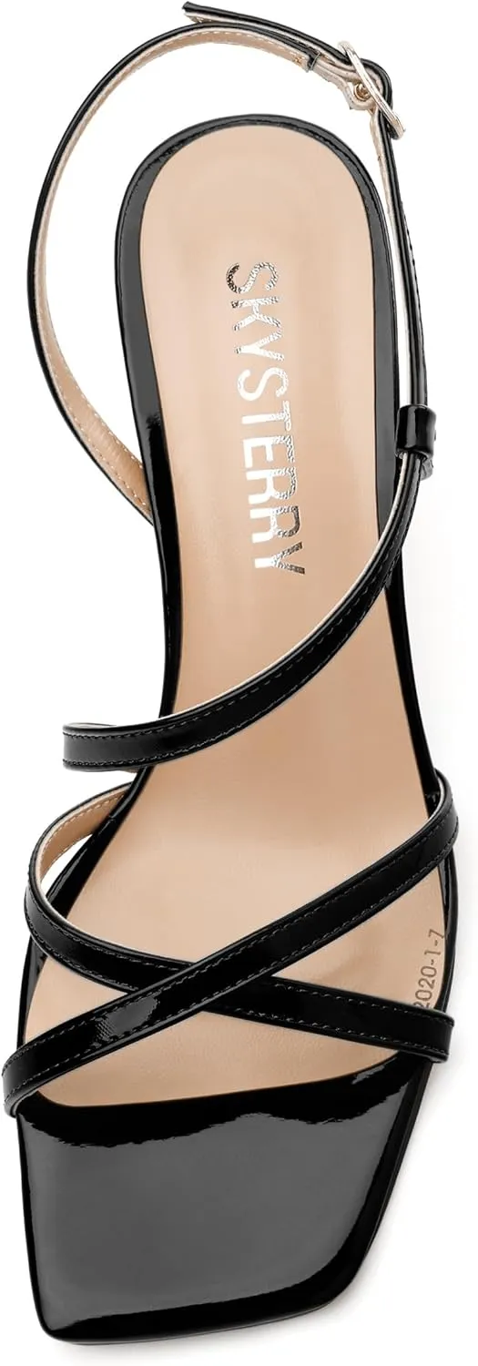 SKYSTERRY Women's Mid Kitten Strappy Sandals Square Open Toe Ankle Buckle Slingback Patent Heels Sexy Dress Wedding Party Daily-Life Shoes For Women 2.5 Inch
