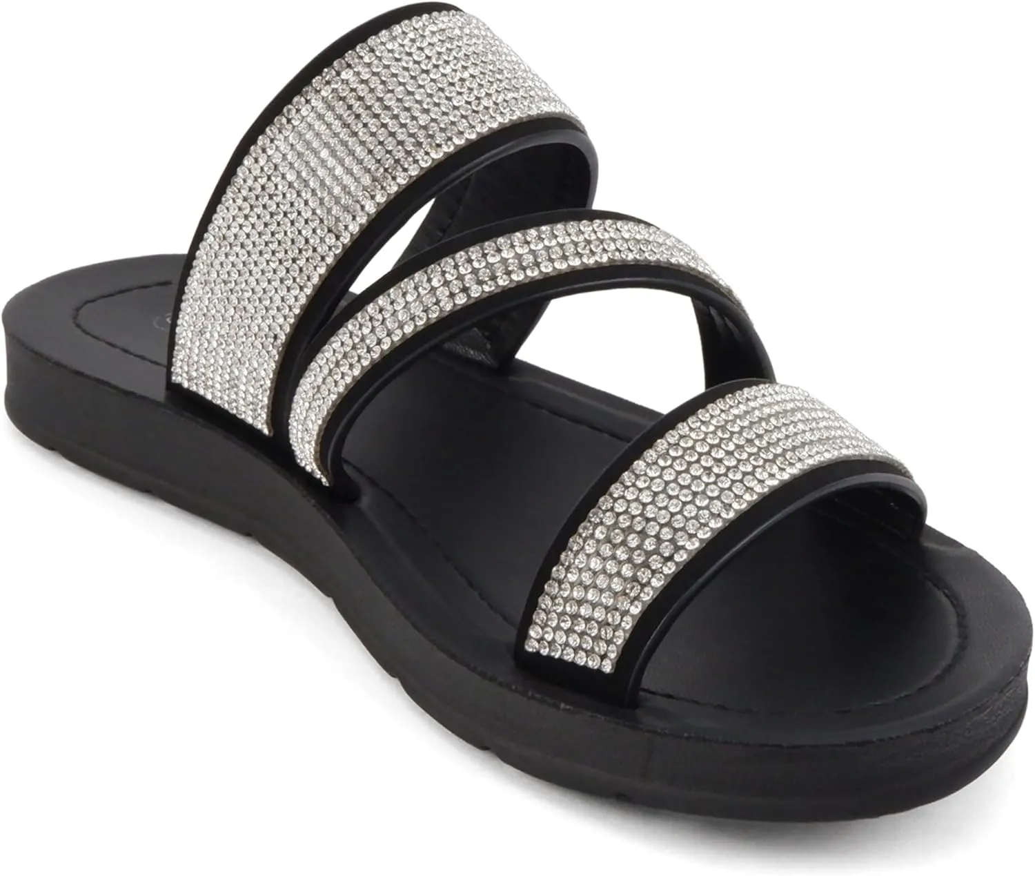 Soda Zeal ~ Women Open Toe Rhinestone Multi Band Slide Sandals