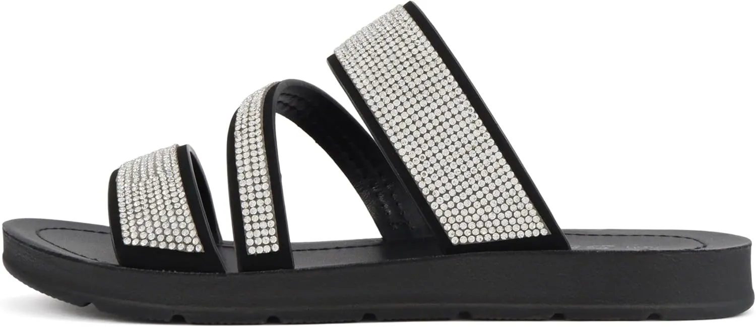 Soda Zeal ~ Women Open Toe Rhinestone Multi Band Slide Sandals