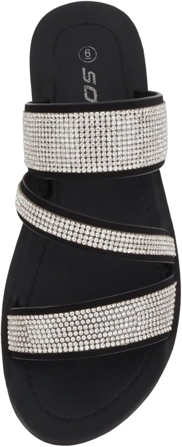 Soda Zeal ~ Women Open Toe Rhinestone Multi Band Slide Sandals