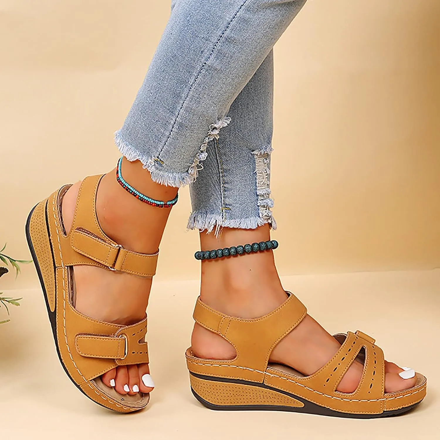 Soft & Stylish Wedge Sandals for Effortless Comfort 2025 Women's Leather Orthopedic Platform Sandals with Arch Support & Sporty Ankle Strap