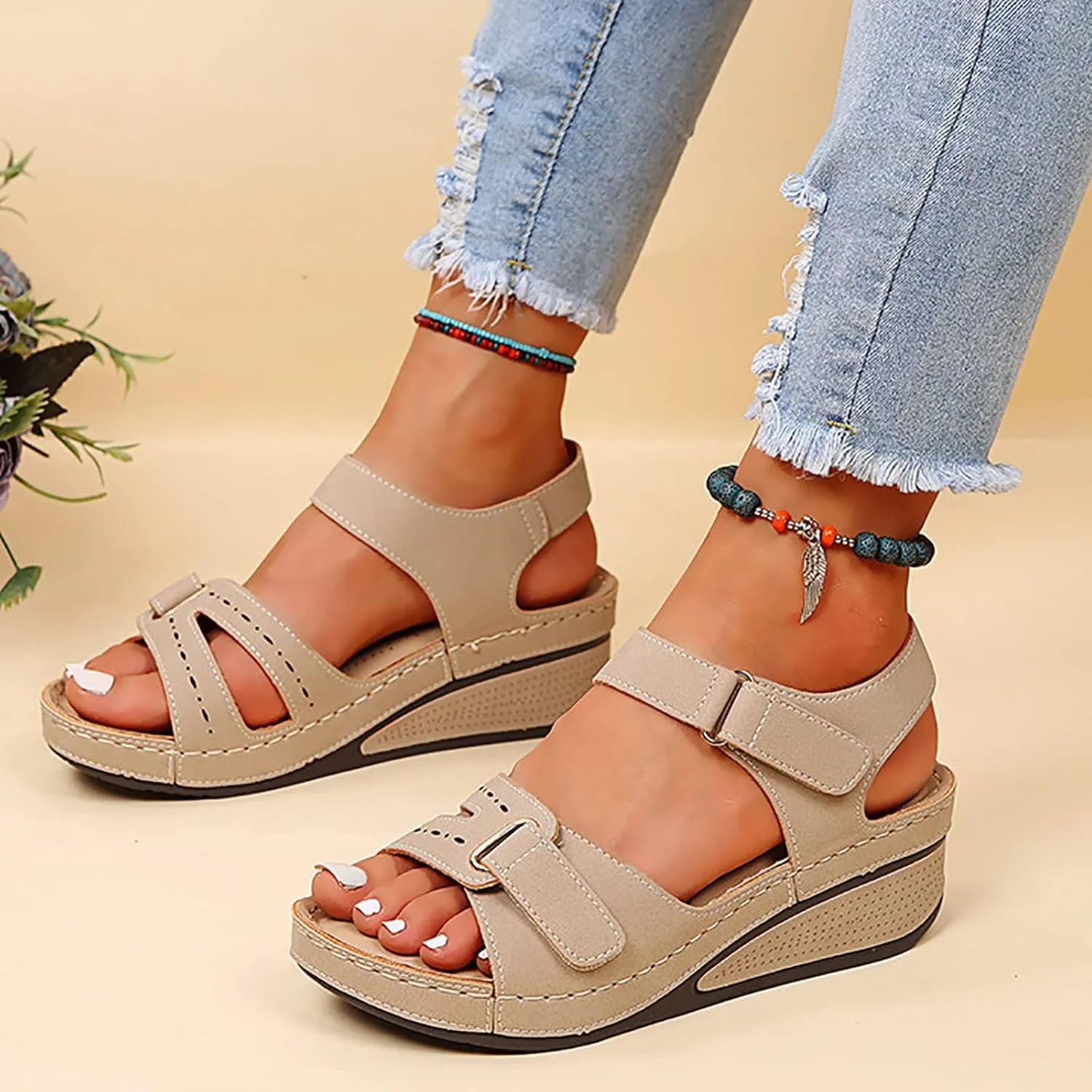 Soft & Stylish Wedge Sandals for Effortless Comfort 2025 Women's Leather Orthopedic Platform Sandals with Arch Support & Sporty Ankle Strap