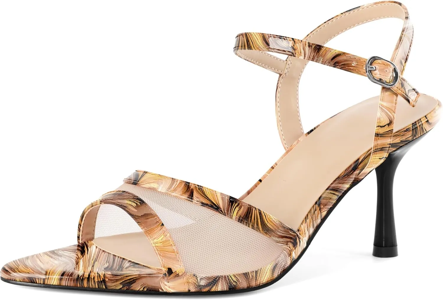 Soireelady Womens Heeled Sandals Mesh Heels Ankle Strap Slingback High Heels Prom Dress Sandals 3 Inches