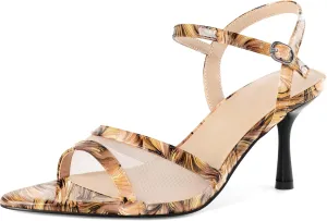 Soireelady Womens Heeled Sandals Mesh Heels Ankle Strap Slingback High Heels Prom Dress Sandals 3 Inches