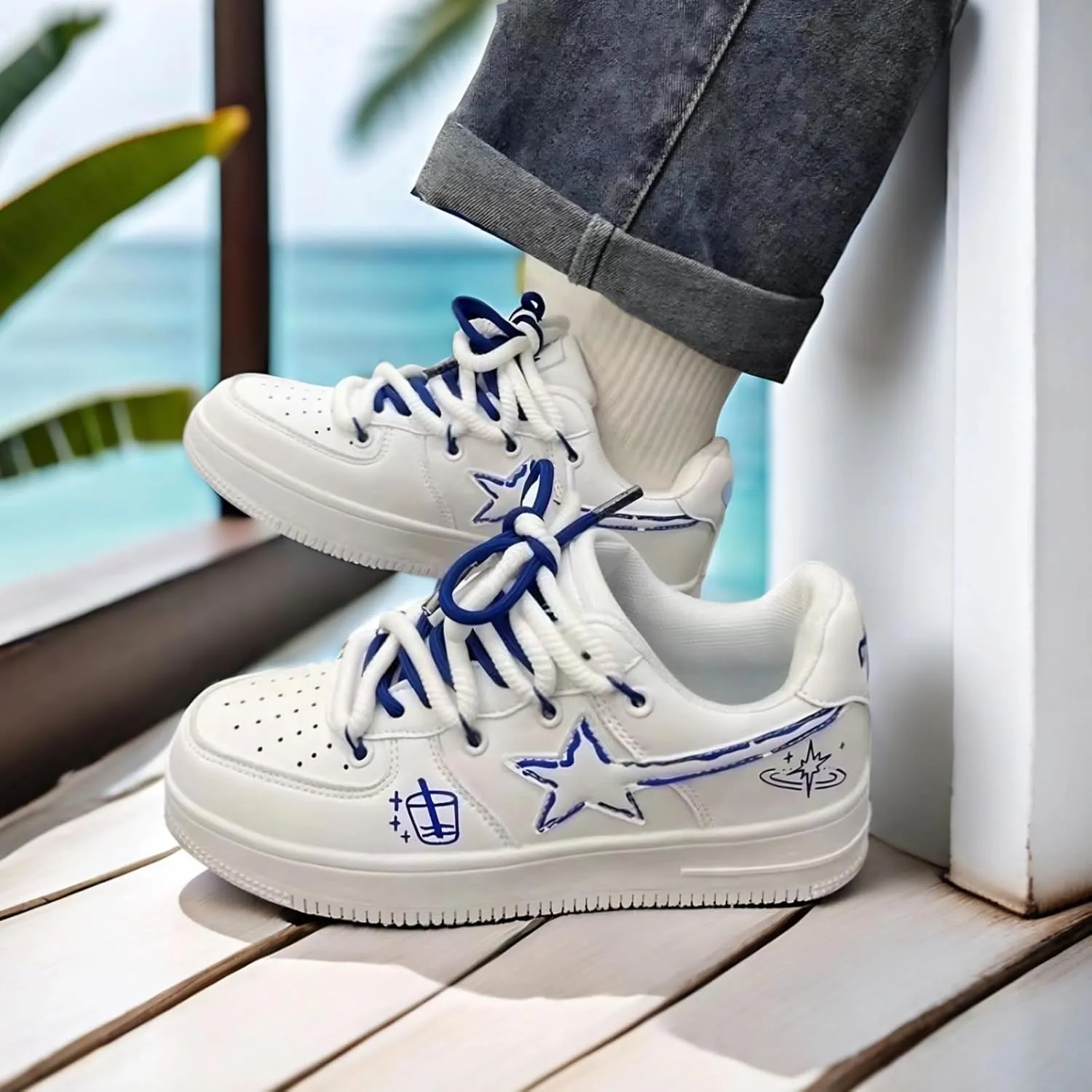 Star Graffiti Platform Shoes Fashion Chunky Sneakers Women Casual Aesthetic Basketball Skateboard Shoes Couple Shoes