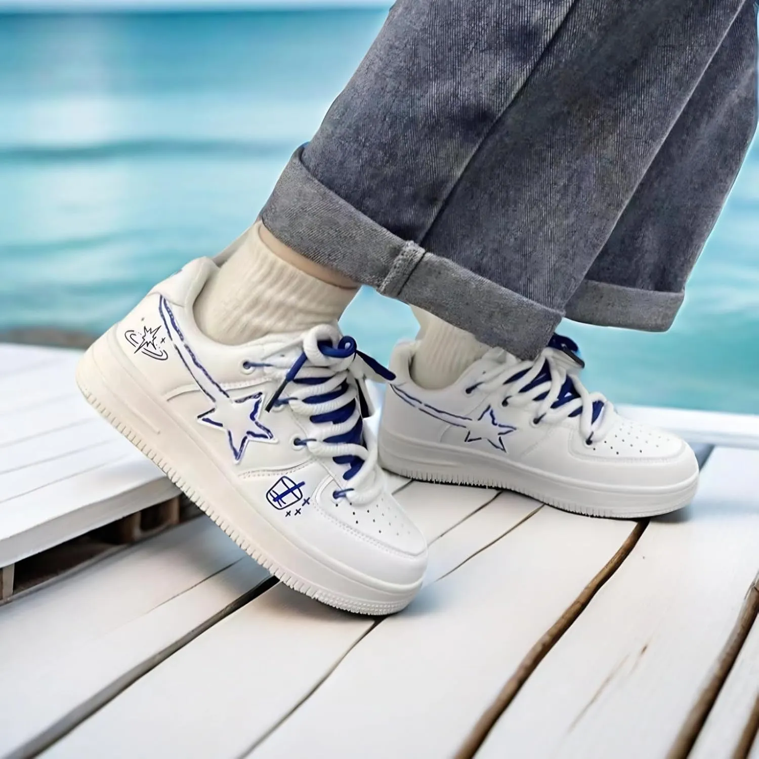 Star Graffiti Platform Shoes Fashion Chunky Sneakers Women Casual Aesthetic Basketball Skateboard Shoes Couple Shoes