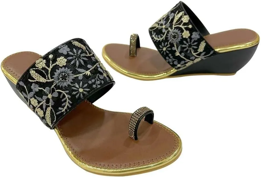 Stop n Style Women's Ethnic Wedge Sandal Ring Toe Slippers Casual Summer Vacation Flip Flop Sandals for Women