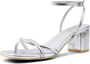 Strappy Heels for Women Mid Chunky Block Heels Square Toe Ankle Buckle Heeled Sandals