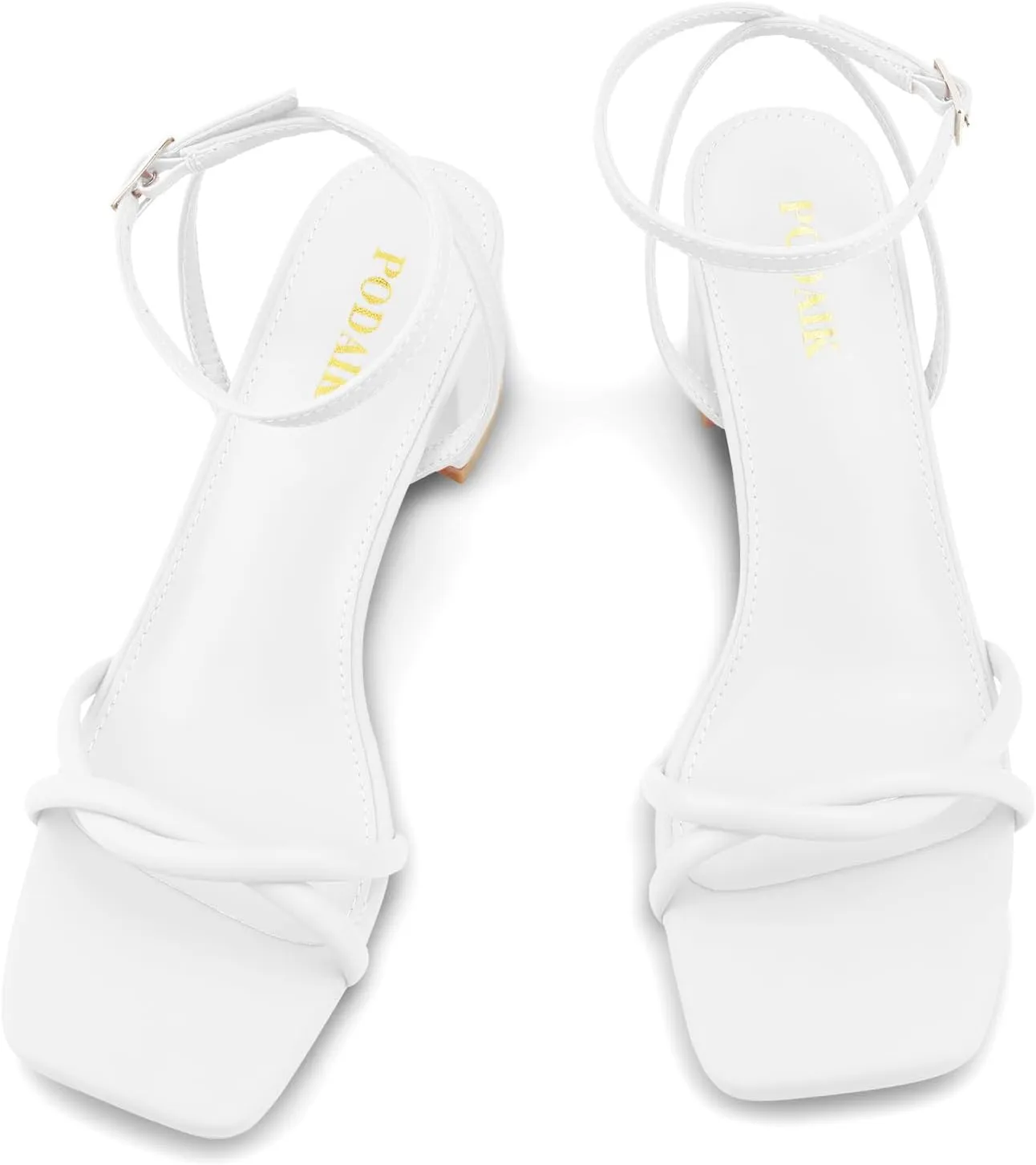 Strappy Heels for Women Mid Chunky Block Heels Square Toe Ankle Buckle Heeled Sandals