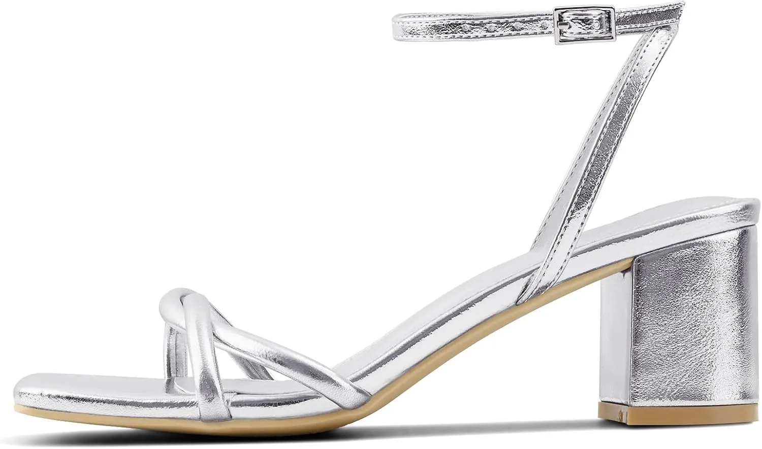Strappy Heels for Women Mid Chunky Block Heels Square Toe Ankle Buckle Heeled Sandals