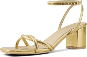 Strappy Heels for Women Mid Chunky Block Heels Square Toe Ankle Buckle Heeled Sandals