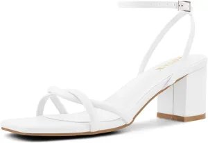 Strappy Heels for Women Mid Chunky Block Heels Square Toe Ankle Buckle Heeled Sandals