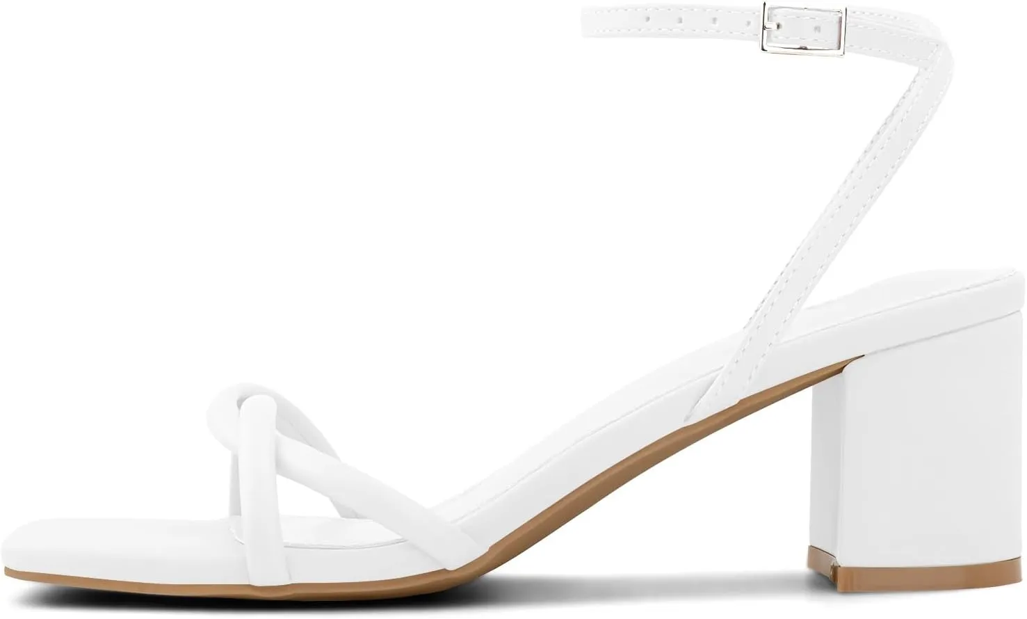 Strappy Heels for Women Mid Chunky Block Heels Square Toe Ankle Buckle Heeled Sandals