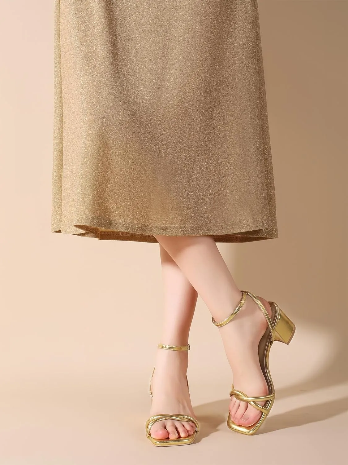Strappy Heels for Women Mid Chunky Block Heels Square Toe Ankle Buckle Heeled Sandals