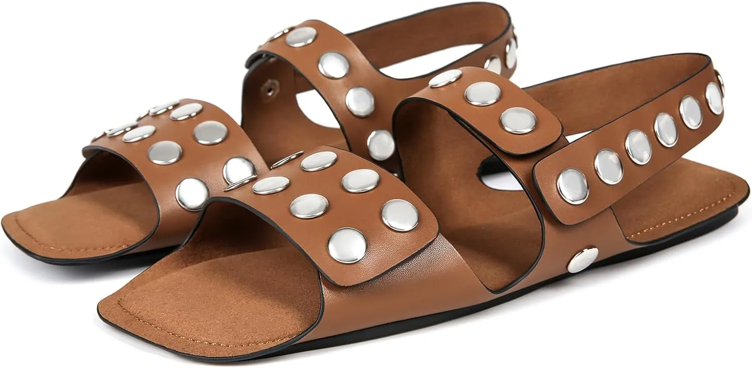 Studded Flats Sandals for Women Open Toe Backless Slide Sandals Adjustable Double Strap Shoes with Hidden Button Slip On Comfortable Casual Summer