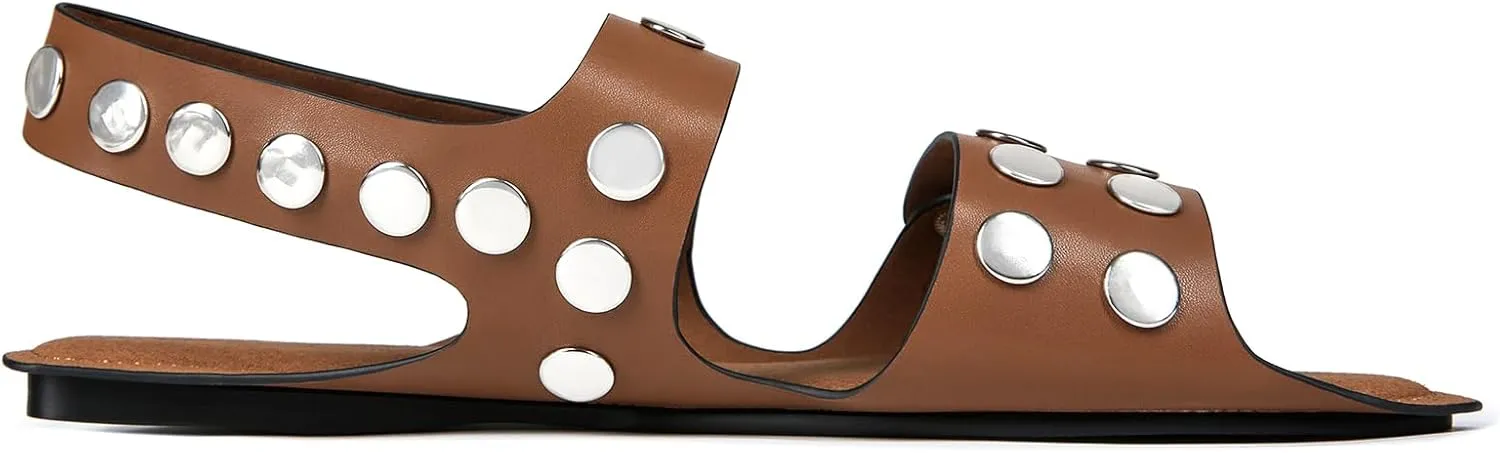 Studded Flats Sandals for Women Open Toe Backless Slide Sandals Adjustable Double Strap Shoes with Hidden Button Slip On Comfortable Casual Summer
