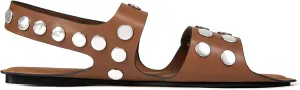 Studded Flats Sandals for Women Open Toe Backless Slide Sandals Adjustable Double Strap Shoes with Hidden Button Slip On Comfortable Casual Summer