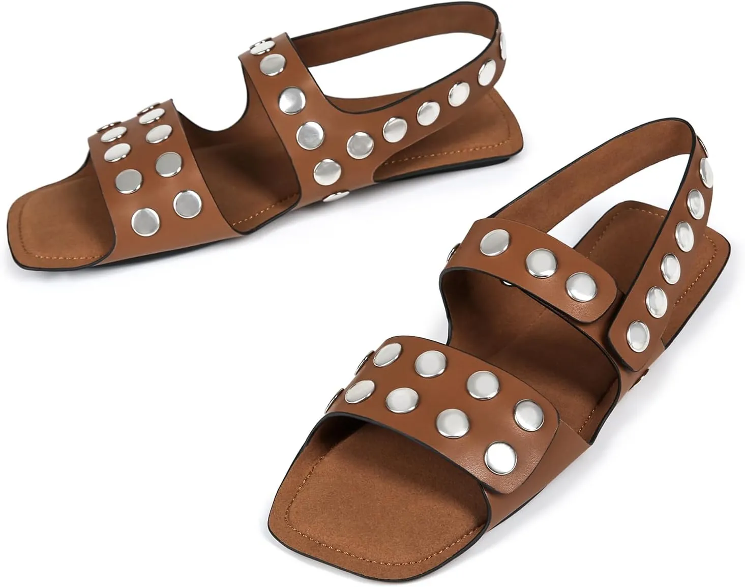Studded Flats Sandals for Women Open Toe Backless Slide Sandals Adjustable Double Strap Shoes with Hidden Button Slip On Comfortable Casual Summer
