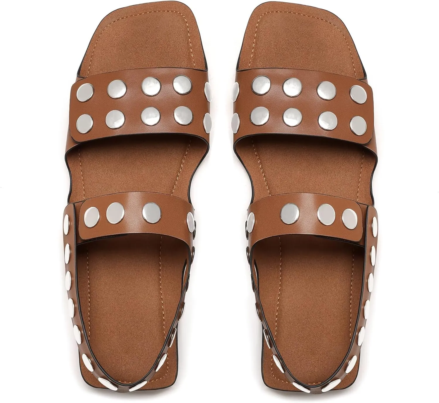 Studded Flats Sandals for Women Open Toe Backless Slide Sandals Adjustable Double Strap Shoes with Hidden Button Slip On Comfortable Casual Summer