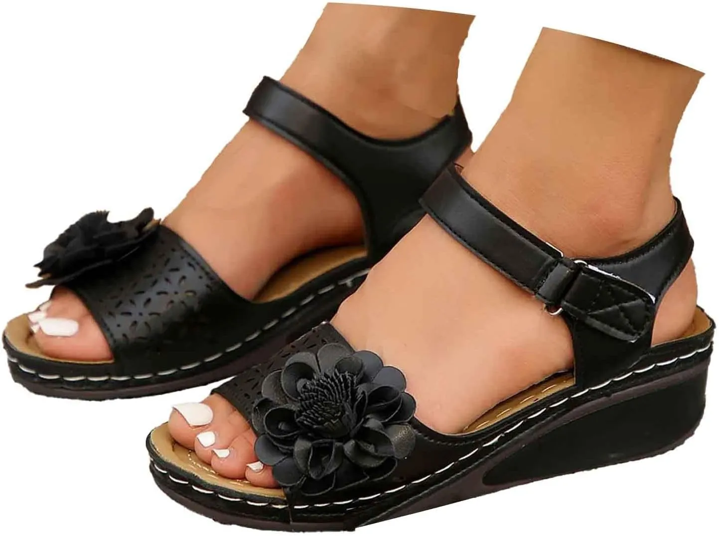 Stylish Women's Sandals For Everyday Casual Wear Open Toe Design With Cut Out Details Wedge Heel And Hook And Loop Closure Perfect For Summer Outfits