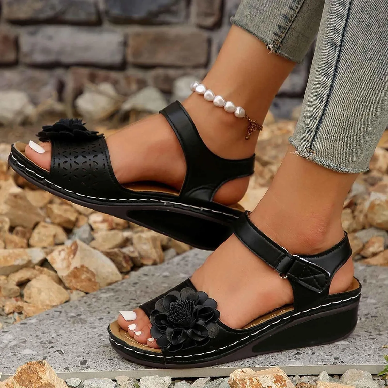 Stylish Women's Sandals For Everyday Casual Wear Open Toe Design With Cut Out Details Wedge Heel And Hook And Loop Closure Perfect For Summer Outfits