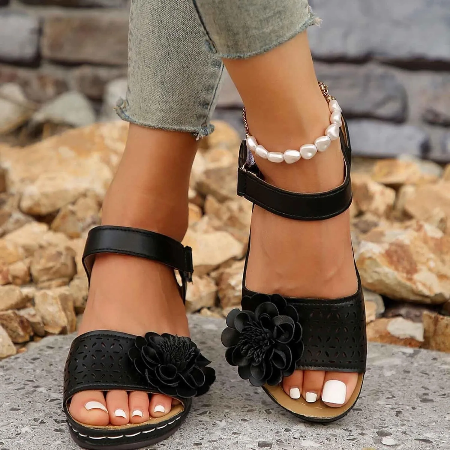Stylish Women's Sandals For Everyday Casual Wear Open Toe Design With Cut Out Details Wedge Heel And Hook And Loop Closure Perfect For Summer Outfits