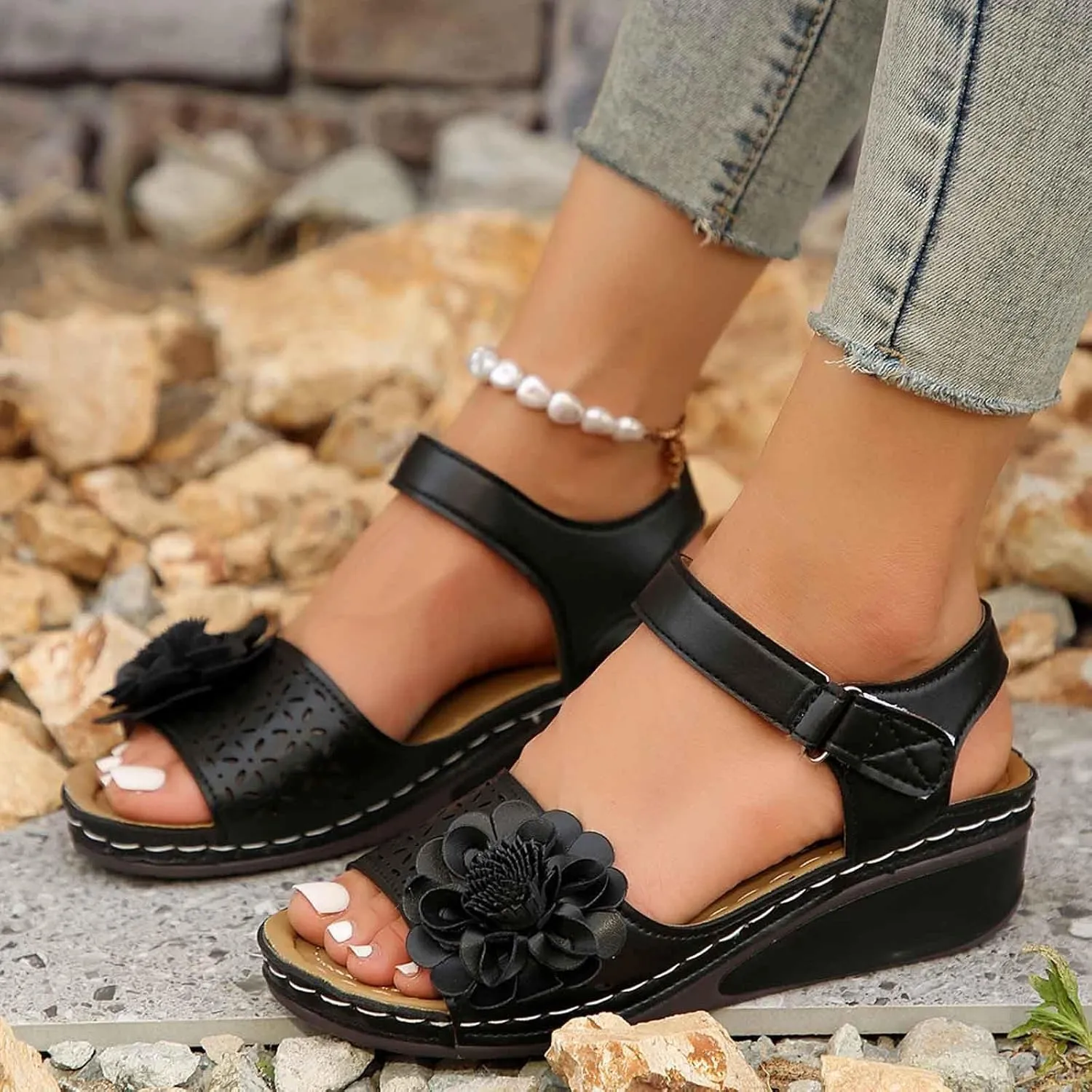 Stylish Women's Sandals For Everyday Casual Wear Open Toe Design With Cut Out Details Wedge Heel And Hook And Loop Closure Perfect For Summer Outfits