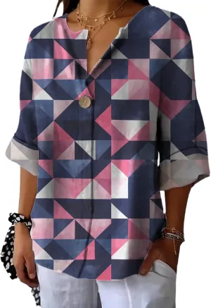 Summer Blouses for Women 2025 Button Lightweight Tops Abstract Art Printed Shirts Casual Long Sleeve Easter Outfits