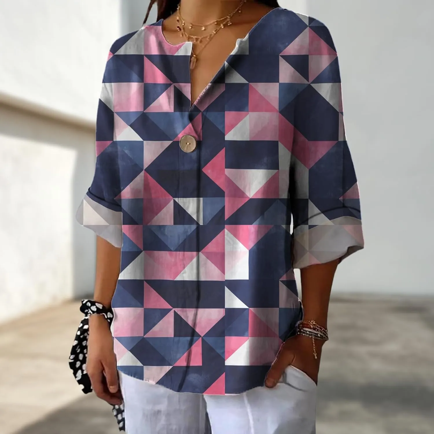 Summer Blouses for Women 2025 Button Lightweight Tops Abstract Art Printed Shirts Casual Long Sleeve Easter Outfits