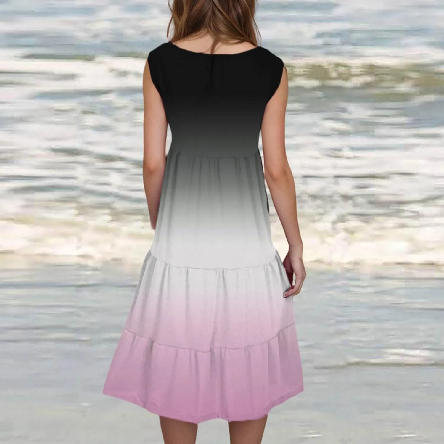 Summer Dresses for Women 2025 Trendy Gradient Boho Vacation Dresses Casual Crew Neck Sleeveless Pleated Sundresses