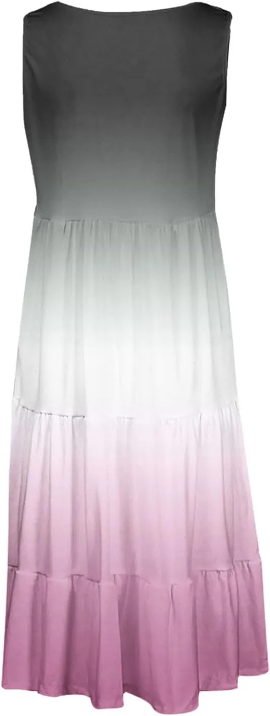 Summer Dresses for Women 2025 Trendy Gradient Boho Vacation Dresses Casual Crew Neck Sleeveless Pleated Sundresses