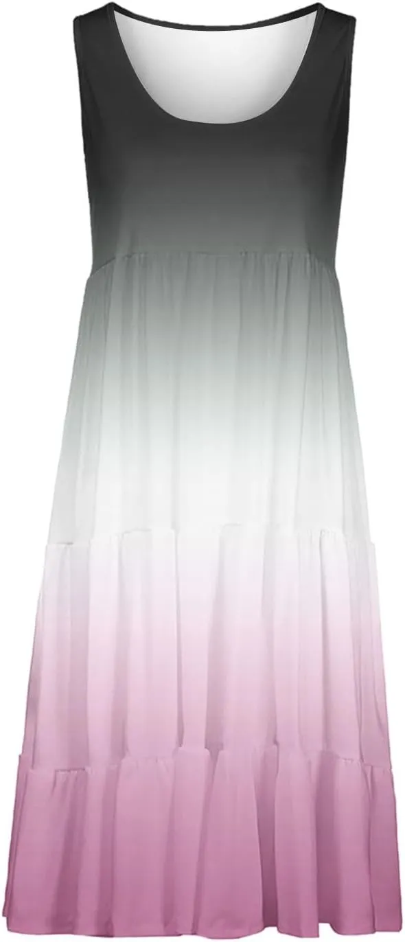 Summer Dresses for Women 2025 Trendy Gradient Boho Vacation Dresses Casual Crew Neck Sleeveless Pleated Sundresses