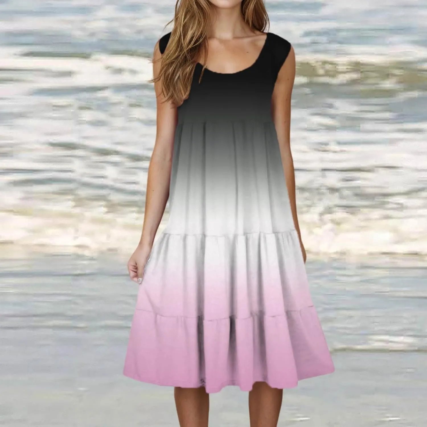 Summer Dresses for Women 2025 Trendy Gradient Boho Vacation Dresses Casual Crew Neck Sleeveless Pleated Sundresses