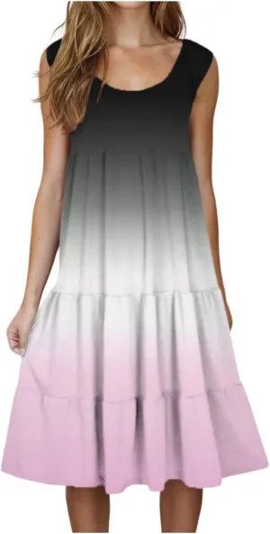 Summer Dresses for Women 2025 Trendy Gradient Boho Vacation Dresses Casual Crew Neck Sleeveless Pleated Sundresses
