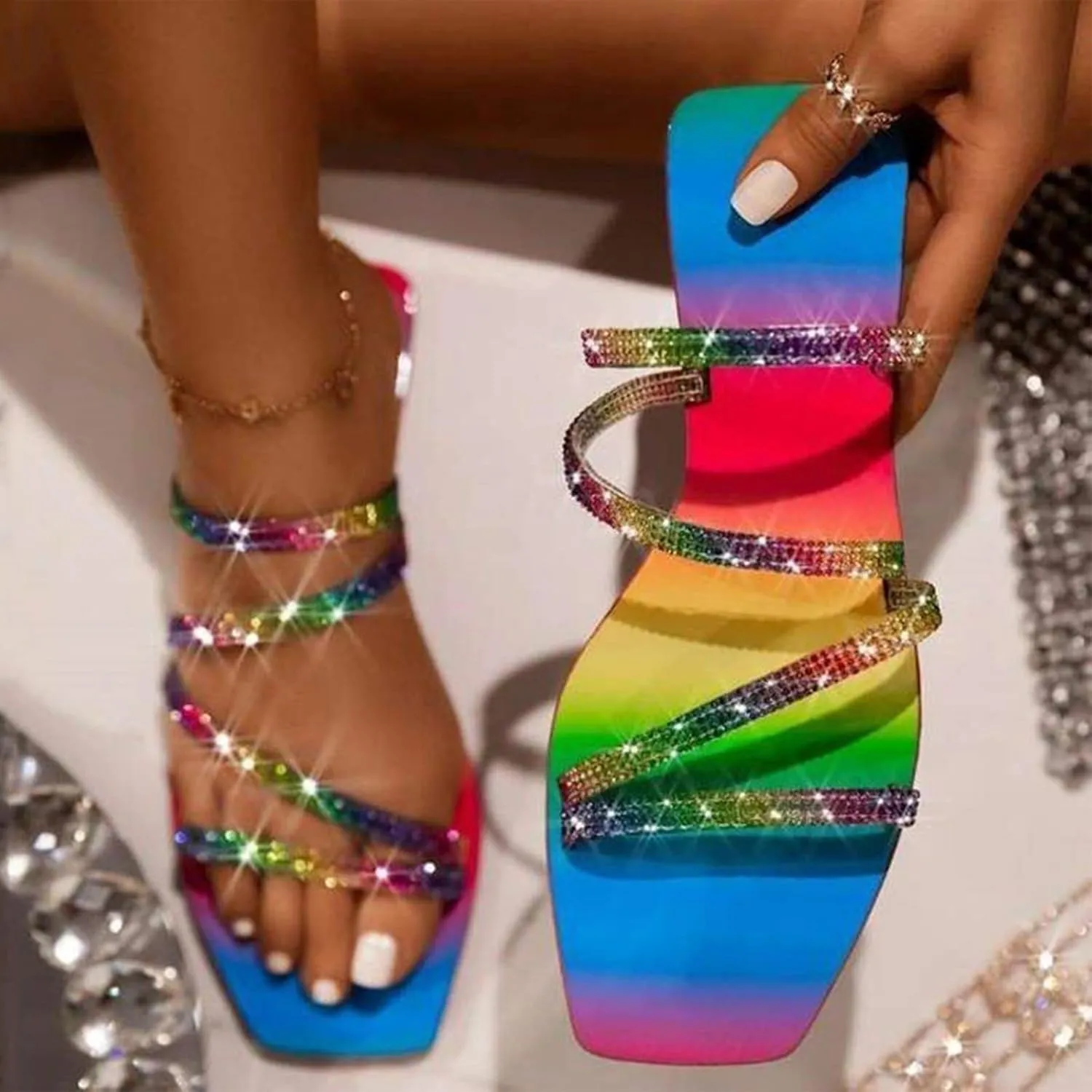 Summer Rainbow Glitter Flat Slides for Women Criss Cross Strappy Sandals Flip Flops Trendy Slippers Beach Footwear