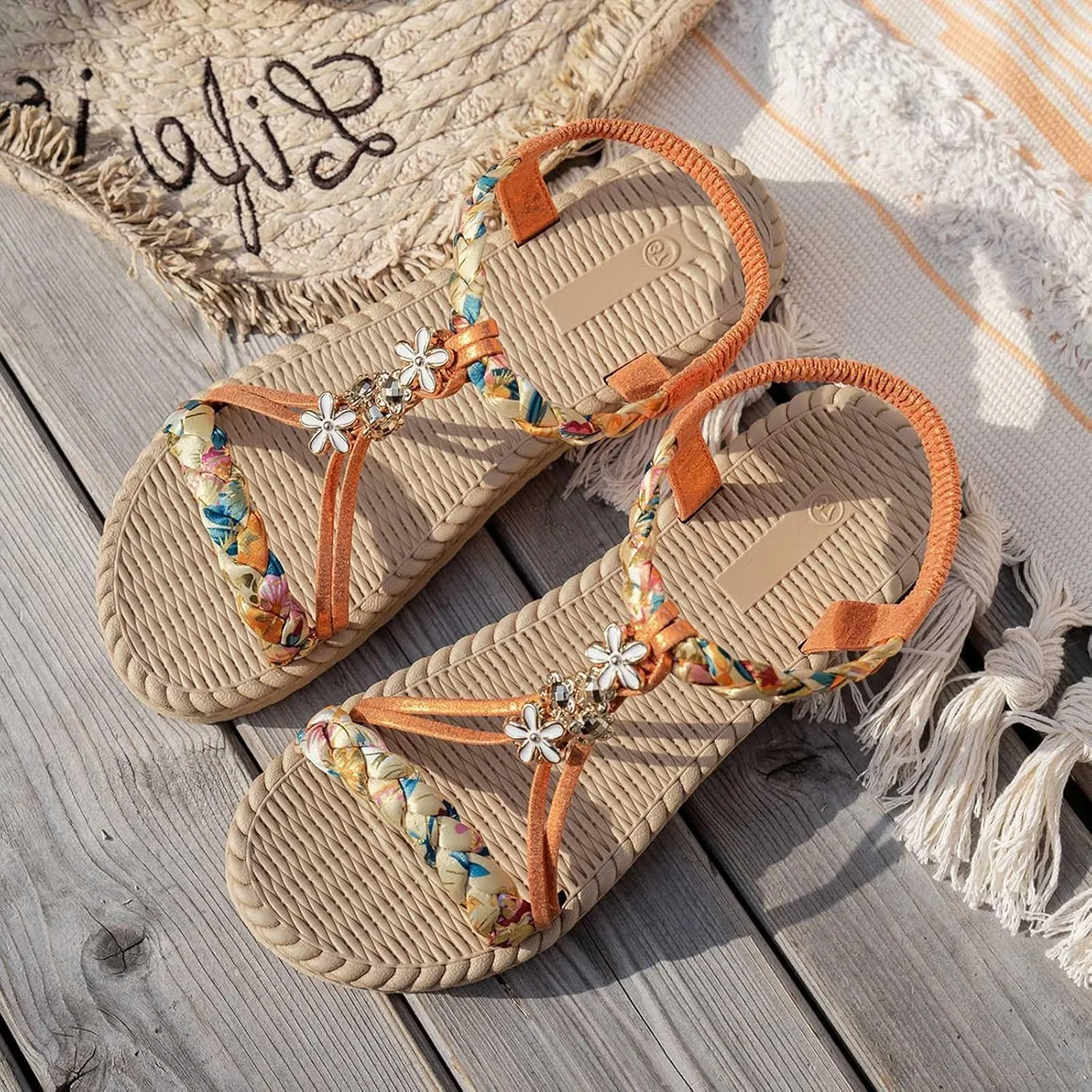 Summer Sandals for Women 2025 Trendy Womens Low Wedge Heels Sandal Platform Dressy Comfort Walking Non Slip Casual Beach Shoes Ankle Elastic Bohemian Woven Shoe