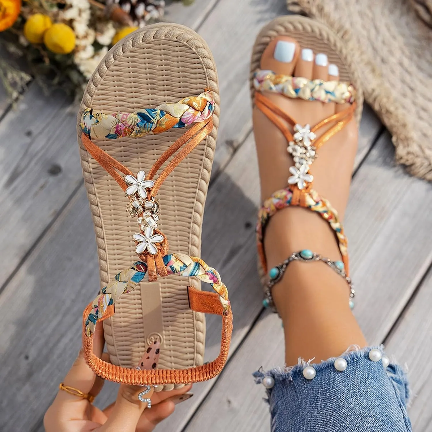 Summer Sandals for Women 2025 Trendy Womens Low Wedge Heels Sandal Platform Dressy Comfort Walking Non Slip Casual Beach Shoes Ankle Elastic Bohemian Woven Shoe