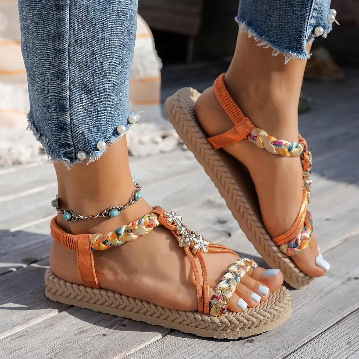 Summer Sandals for Women 2025 Trendy Womens Low Wedge Heels Sandal Platform Dressy Comfort Walking Non Slip Casual Beach Shoes Ankle Elastic Bohemian Woven Shoe
