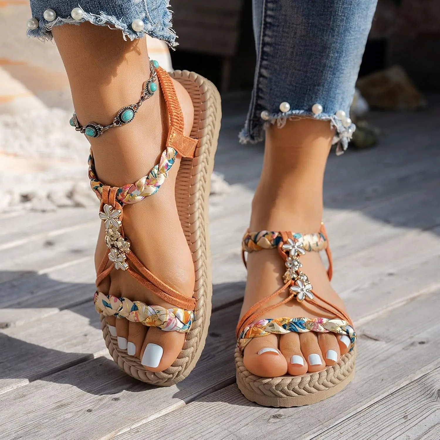 Summer Sandals for Women 2025 Trendy Womens Low Wedge Heels Sandal Platform Dressy Comfort Walking Non Slip Casual Beach Shoes Ankle Elastic Bohemian Woven Shoe