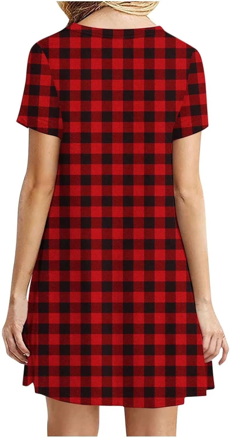 Sun Dresses for Women 2025 Vacation Vintage Plaid Midi Dresses Casual Crew Neck Short Sleeve Boho Beach Mini Dress