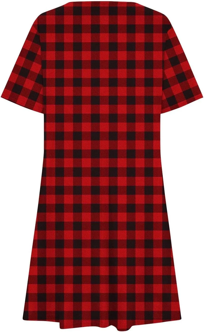 Sun Dresses for Women 2025 Vacation Vintage Plaid Midi Dresses Casual Crew Neck Short Sleeve Boho Beach Mini Dress