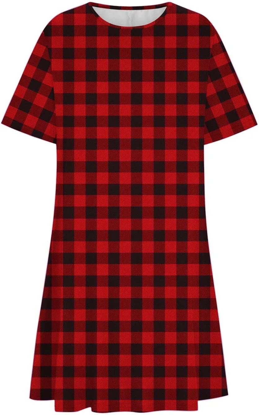Sun Dresses for Women 2025 Vacation Vintage Plaid Midi Dresses Casual Crew Neck Short Sleeve Boho Beach Mini Dress