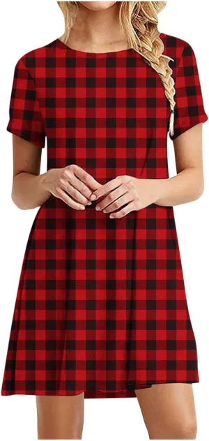 Sun Dresses for Women 2025 Vacation Vintage Plaid Midi Dresses Casual Crew Neck Short Sleeve Boho Beach Mini Dress