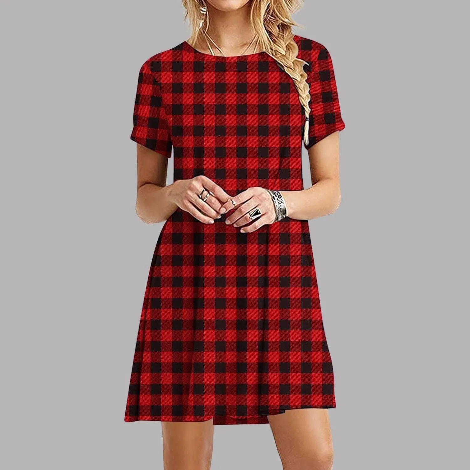 Sun Dresses for Women 2025 Vacation Vintage Plaid Midi Dresses Casual Crew Neck Short Sleeve Boho Beach Mini Dress