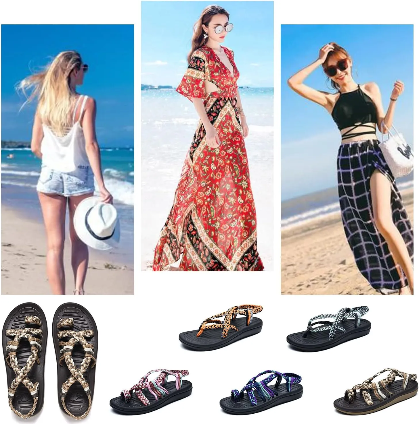 SURRAY Womens Summer Flat Sandals Comfortable Arch Support Walking Braided Beach Sandals, Size US 5-11