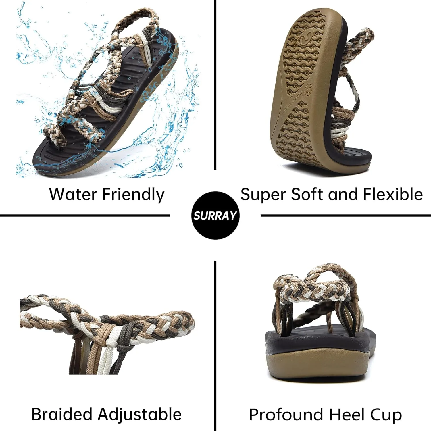 SURRAY Womens Summer Flat Sandals Comfortable Arch Support Walking Braided Beach Sandals, Size US 5-11