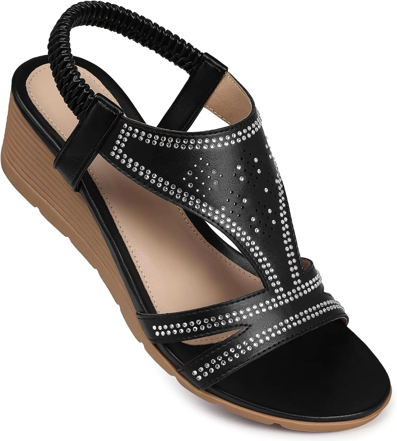 SWQZVT Wedge Sandals for Women Dressy: Comfortable Summer Sandal - Open Toe Elastic Ankle Strap Sandals