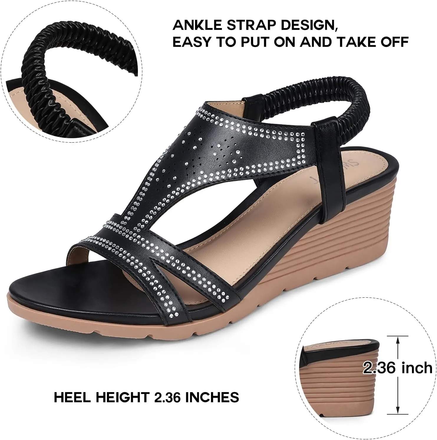 SWQZVT Wedge Sandals for Women Dressy: Comfortable Summer Sandal - Open Toe Elastic Ankle Strap Sandals