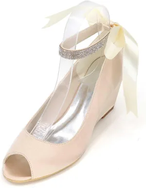 TarfiC Wedding Shoes for Bride Open Toe Bridal Shoes Wedge Rhinestone Pumps Mary Jane Satin Wedding Shoes